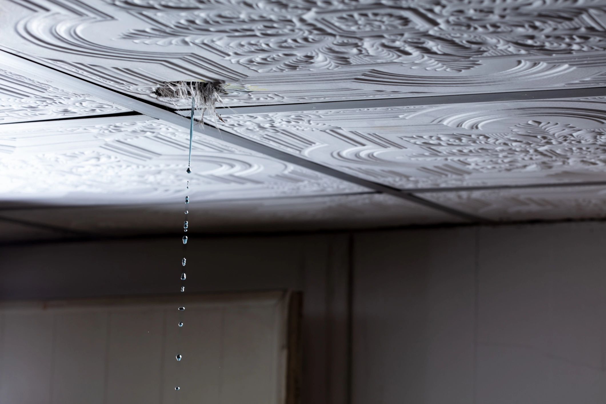 Water-stained ceiling from a roof leak