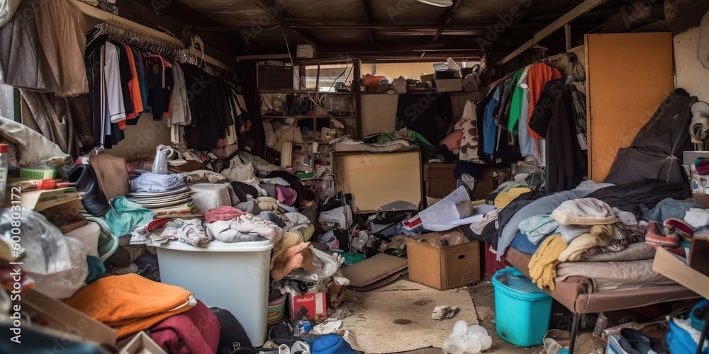Cluttered room filled with clothes and boxes. Ugly house.  Sell my house.  Solar loan trap.
